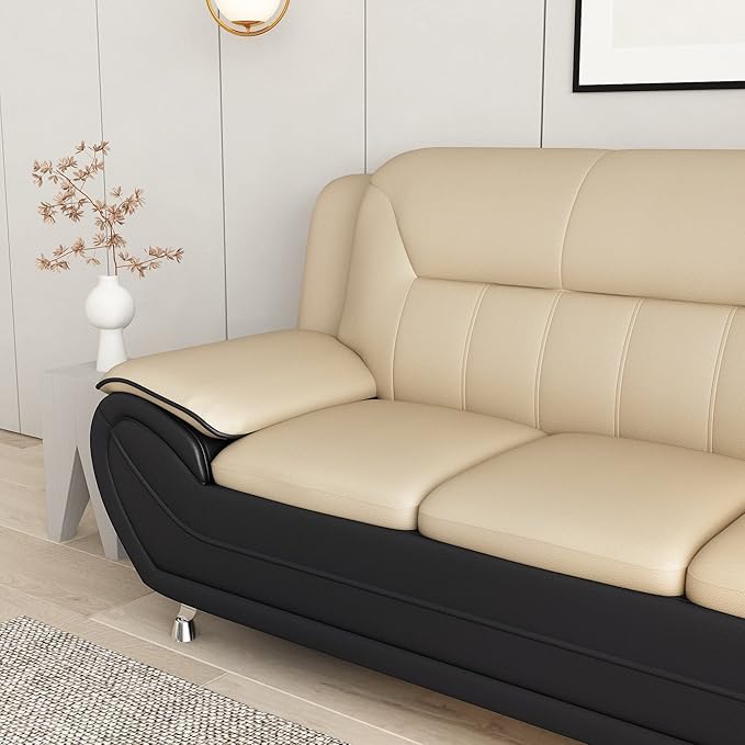 Container Furniture Direct Michael Modern Faux Leather Upholstered Stainless Steel Legs Living Room Sofa, Black Camel