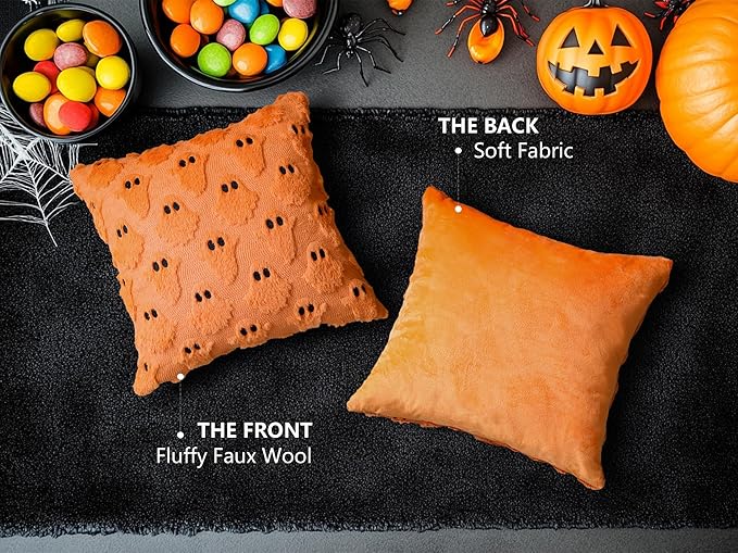 4TH Emotion Halloween Ghost Decorative Pillow Covers 16x16 Set of 2, Orange Soft Plush Faux Fur Farmhouse Throw Cushion Cases for Fall Autumn Holiday Home Decorations