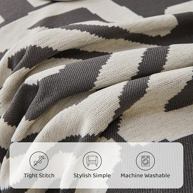 STACYPIK Modern Dark Grey Couch Cover, Boho Chenille Sofa Covers for Loveseat, Reversible Non Slip Triangle Pet Protector for 3 Cushion Couch Washable Sectional Couch Cover for L-Shaped-71X150IN