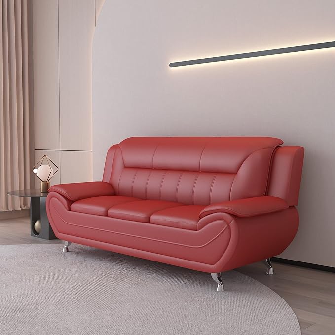 Container Furniture Direct Michael Modern Faux Leather Upholstered Stainless Steel Legs Living Room Sofa, Persian Red