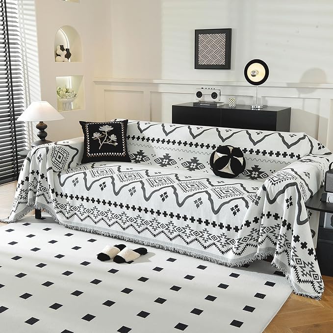 LUFEIJIASHI Boho Couch Covers for Sofa Non Slip Sofa Covers Washable Couch Covers for 3 Cushion Couch Sofa Pet Friendly Sectional Couch Cover Blanket Furniture Protector for Dogs (Black, 71"x150")