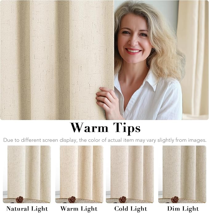 H.VERSAILTEX 100% Blackout Curtains for Bedroom Thermal Insulated Linen Textured Curtains Heat and Full Light Blocking Drapes Living Room Curtains 2 Panel Sets, 42x45 Inch, Bleached Sand