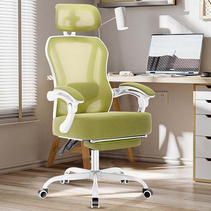 Ergonomic Office Chair with Footrest,Ultra Thick Reclining Office Desk Chair with Adjustable 2D Lumbar Support and Headrest,Spring Cushion,High Back Premium Mesh Computer Chair Office Chairs,Green