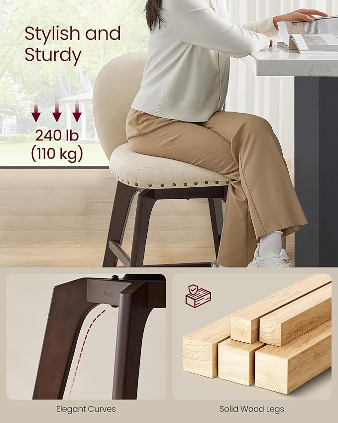 VASAGLE Bar Stools Set of 2, Swivel Counter Height Bar Stools with Back and Wood Legs, Chenille Fabric Upholstered Barstools, 26.2-Inch Tall Counter Barstools for Kitchen Island, Cappuccino Beige