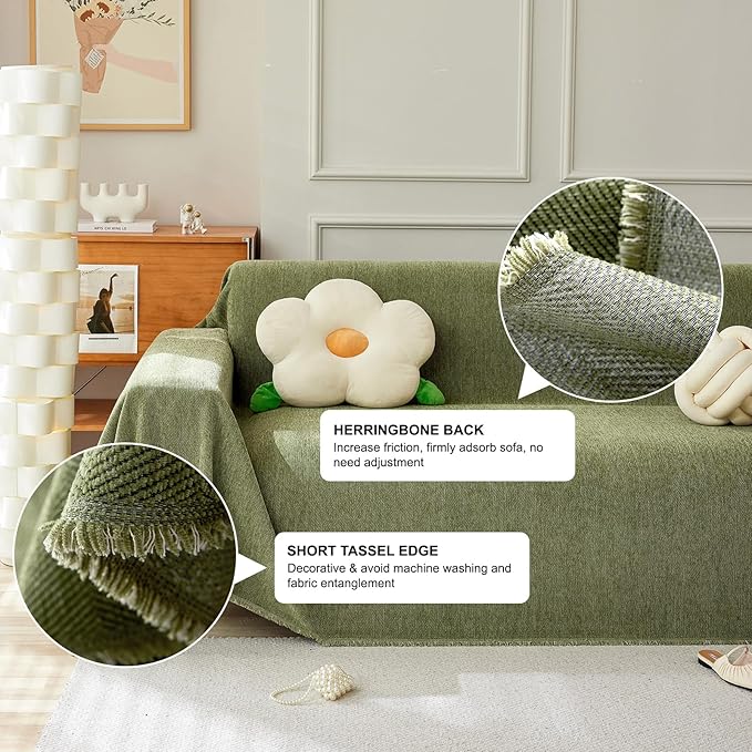 STACYPIK Christmas Breathable Matcha Green Couch Covers Minimalist Sofa Cover Scratch Resistant Herringbone Couch Protector for 3 Cushion Couch L Shape Cover Futon Cover Decorative for Couch-71X150IN