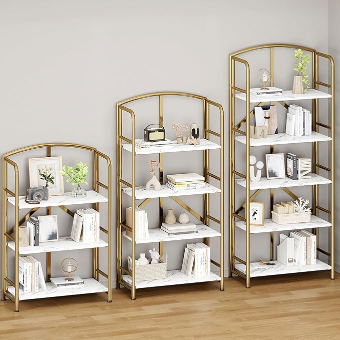 No-Assembly Folding Gold Bookshelf Storage Shelves 5 Tiers Vintage Multifunctional Plant Flower Stand Storage Rack Shelves Bookcase for Home Office