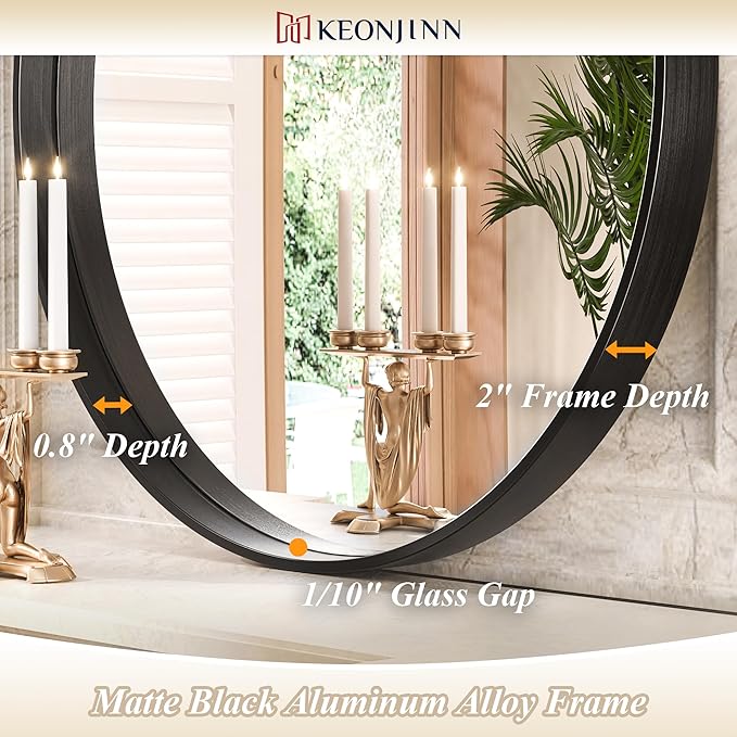 Keonjinn Black Round Mirror 36 Inch, Brushed Black Framed Circle Mirror for Bathroom, Aluminum Alloy Metal Frame, Modern Farmhouse Decorative Wall Mirror for Entryway, Living Room