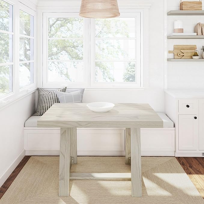 Plank+Beam 48 Inch Farmhouse Dining Table, Rustic Solid Wood Kitchen Table, Dinner Table for Dining Room, Home Office Furniture, White Sand Wirebrush