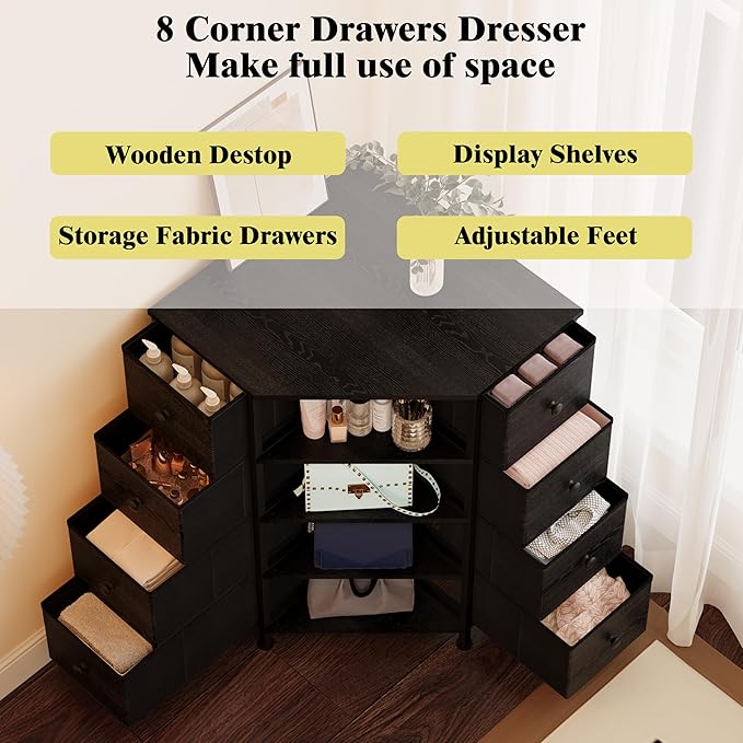 LUMTOK 8 Drawers Corner Dresser with Storage Fabric Drawers and Open Shelves for Small Space，Bedroom，Entryway，Living Room (Black Wood Veins)