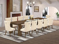 X12DA-008-32 - 13 Pieces Dining Room Set contains an Extendable Rectangle Kitchen Table and 12 Polyester Fabric Dining Chairs, 39x120 Inch, Antique Walnut