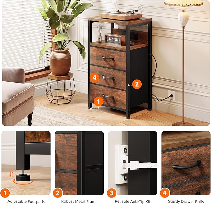 NightStand Bedside Charging Table Bedroom - Night Stand with Charger Station, Modern Nightstand with Open Shelf & 3 Fabric Drawers, Bed Side Table USB-C USB Ports & AC Outlets for Dorm Living Room