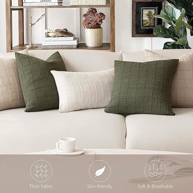 Foindtower Set of 2 Decorative Linen Check Throw Pillow Covers Neutral Farmhouse Vintage Cushion Covers Modern Boho Home Decor For Sofa Chair Couch Bedroom Living Room Outdoor,24×24 Inch,Natural Linen