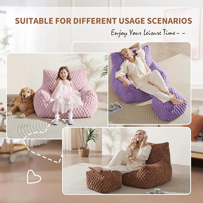 Bean Bag Chair with Ottoman - Modern Comfy Beanbag Sofa with Footrest, Soft Faux Fur Lounger Chair for Adults Teens, Cozy Memory Foam Filled Gaming Reading Chairs for Bedroom, Living Room (Camel)