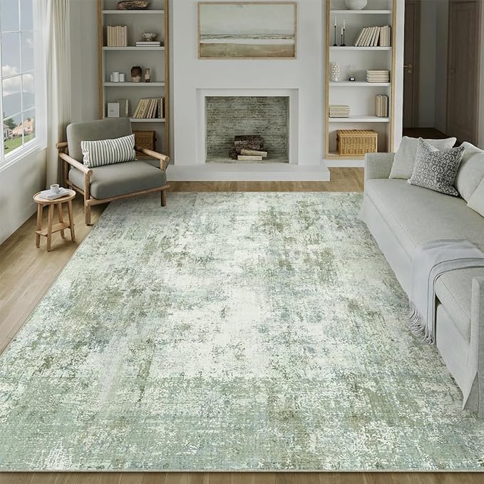8x10 Washable Area Rug Green Modern Neutral Abstract Living Room Bedroom Indoor Floor Carpet Low Pile Soft Non-Slip Lightweight Vacuumable Large Throw Rug for Nursery Dining Room