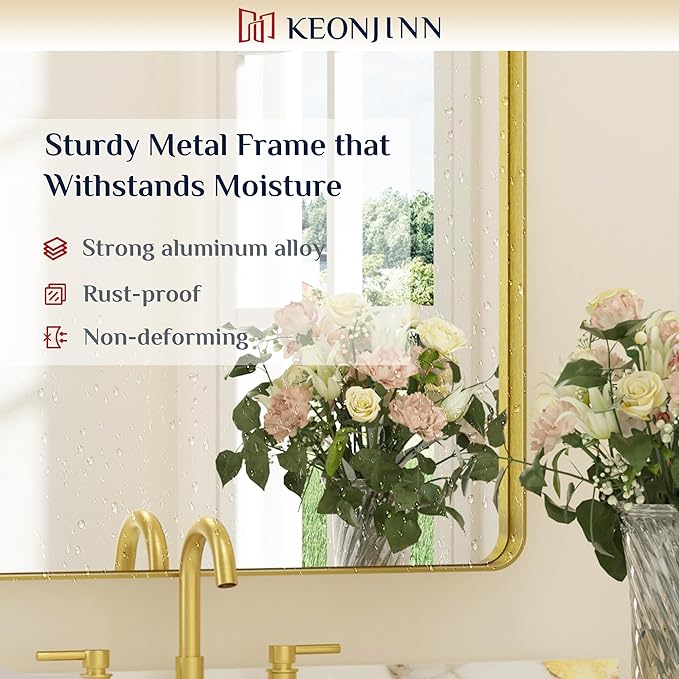 Keonjinn Gold Bathroom Mirrors for Vanity, 24 x 32 Inch Rounded Rectangle Gold Mirror for Wall, Brushed Brass Mirror with Metal Frame, HD Tempered Glass, Modern Gold Framed Mirror(Horizontal/Vertical)