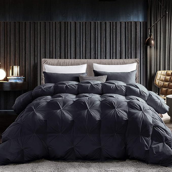 Luxurious All-Season Goose Down Feather Fiber Comforter Queen Size Duvet Insert, Exquisite Black Pinch Pleat Design, Premium Baffle Box, 100% Egyptian Cotton Cover, 65 oz. Fill Weight, Black
