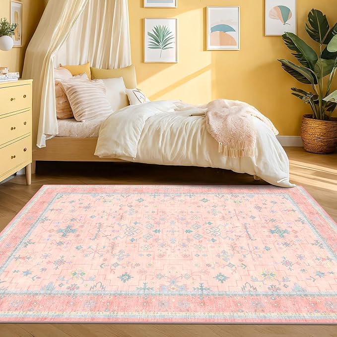 Washable Pink and Blue 6x8 Boho Rugs for Bedroom Girls, Living Room Kids Playroom Nursery Room, Modern Floral Distressed Design, Soft Low Pile Non Slip Stain Resistance Carpet