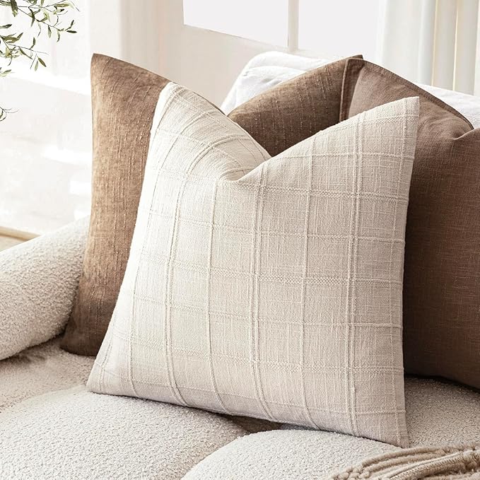 Foindtower Set of 2 Decorative Linen Check Throw Pillow Covers Neutral Farmhouse Vintage Cushion Covers Modern Boho Home Decor For Sofa Chair Couch Bedroom Living Room Outdoor,24×24 Inch,Natural Beige