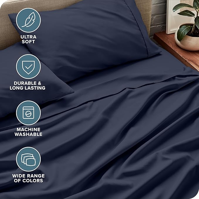 Bare Home Ultra-Soft Queen Sheet Set - Luxury 1800 - Hydro-Brushed - Deep Pockets - Easy Fit - 4 Piece Set - Bed-ding Sheets & Pillowcases (Queen, Midnight Blue)