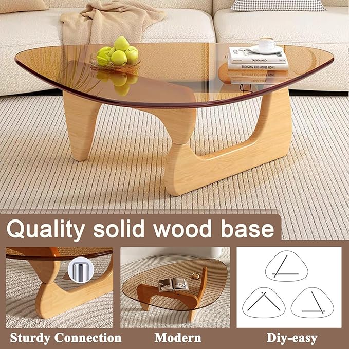 Mid Century Modern Glass Coffee Table, Coffee Table for Living Room, Elegant and Functional Coffee Tables,Suitable for Bedroom Living Room Reception Office Tables（Wood/Brown，Large）
