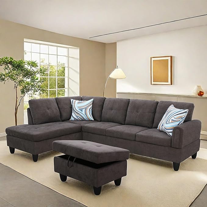 NAYSAYE Sectional Couch with Ottoman Storage, L Shaped Couch Sofa Furniture Sets, Modern Comfy Modular Comfy Sofa for Living Room Bedroom, Office and Apartment, Brown