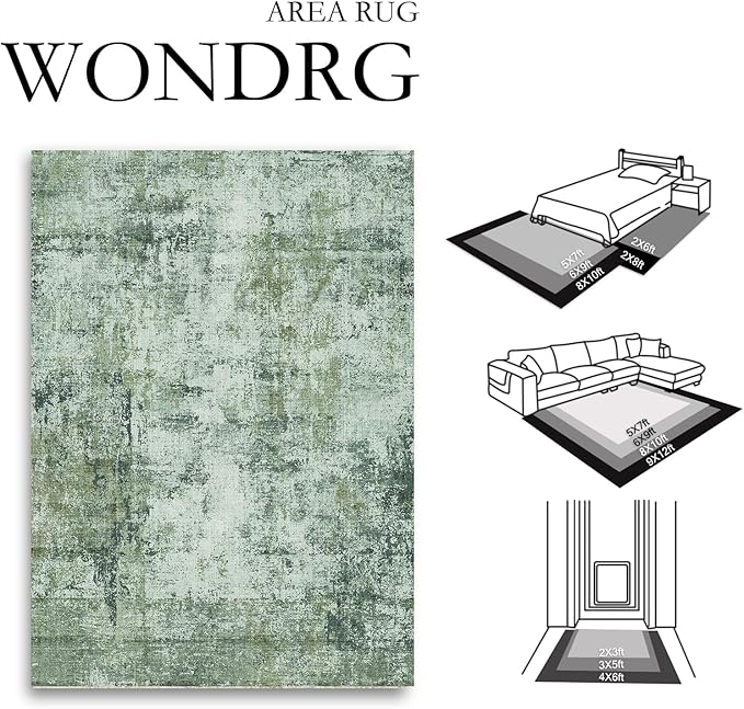 8x10 Washable Area Rug Dark Green Modern Neutral Abstract Living Room Bedroom Indoor Floor Carpet Low Pile Soft Non-Slip Lightweight Vacuumable Large Throw Rug for Nursery Dining Room