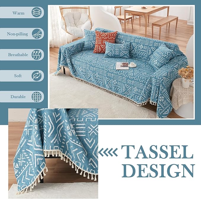 HANDONTIME Turquoise Couch Protector for Dogs Boho Tassel Blue Couch Cover Farmhouse Sofa Covers Aztec Tribal Couch Covers for 3 Cushion Couch Sofa Universal Sofa Slipcover for Home décor, 71" X118"
