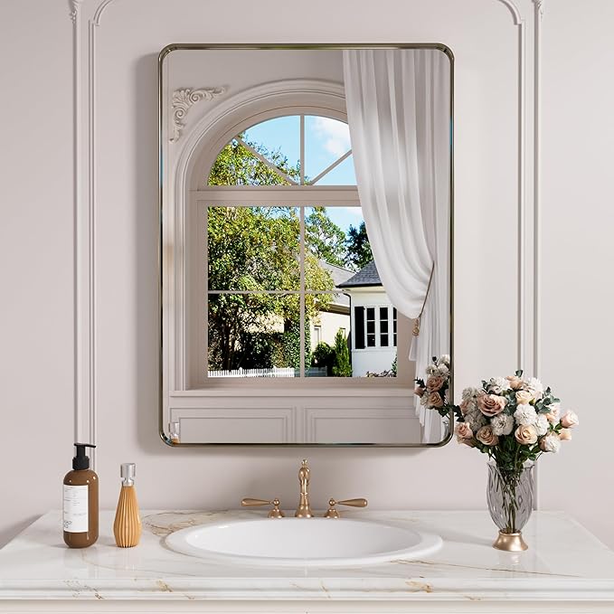Bronze Bathroom Mirror 22x30 Inch, Brushed Bronze Metal Frame Mirror for Wall, Rounded Rectangle Bathroom Vanity Mirror with Tempered Glass, Anti-Rust, Horizontal/Vertical