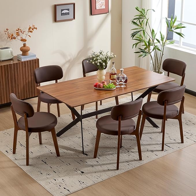 Furniliving Wooden Dining Chairs Set of 4, Mid-Century Modern Leather Upholstered Kitchen Chair with Solid Oak Wood, Farmhouse Dining Room Chairs, Brown
