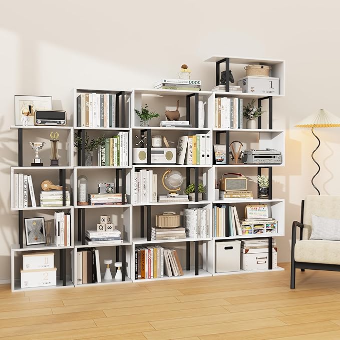 Gadroad 4-Tier Bookshelf, Narrow S-Shaped Geometric Bookcase, Wood Decorative Storage Shelving, Modern Freestanding Display Shelves, Book Shelf Unit for Living Room Bedroom Home Office, White