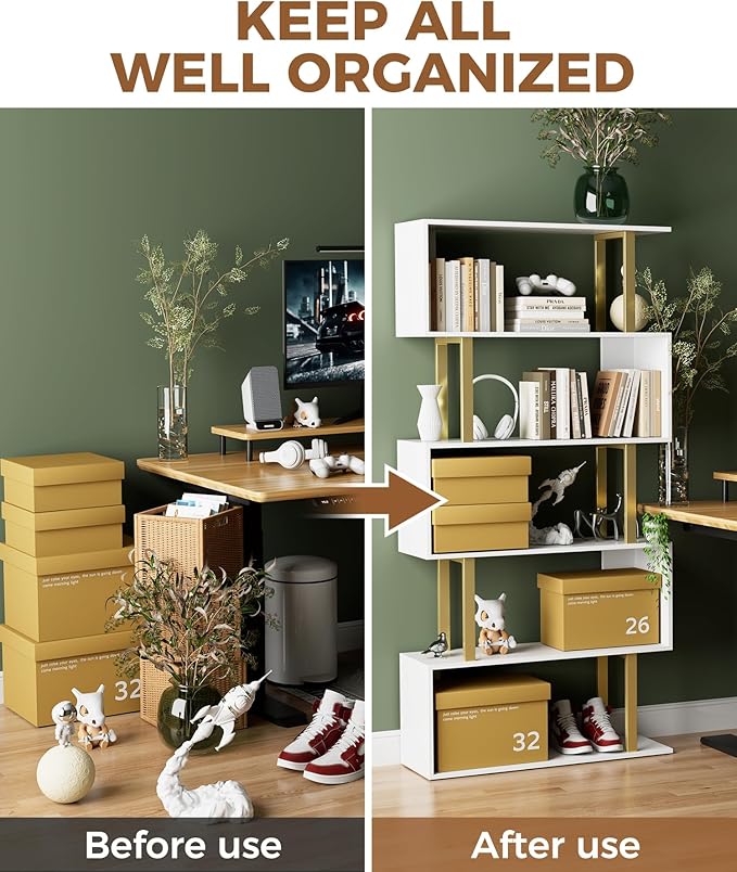 Gadroad 5 Tier Geometric Bookcase,S Shaped Bookshelf, Wood Decorative Storage Shelving, Modern Freestanding Display Shelves, Tall Book Shelf Unit for Living Room Bedroom, Gold
