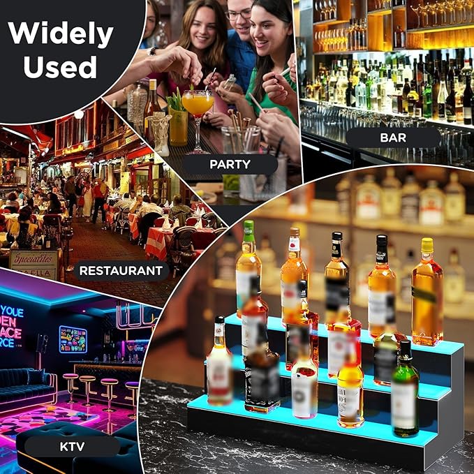 Dethan 3 Tier 30 Inch Liquor Bottle Display Shelf - Illuminated Wine Racks with Multi-Color App & Remote Control, Adjustable Brightness & Sound Modes, Acrylic Bar Shelves Displays