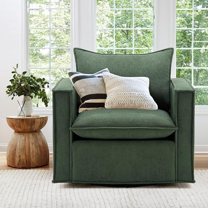 COLAMY Swivel Accent Chair, 34 Inches Wide Upholstered Arm Chair with Plump Back Pillow, Modern Sofa Living Room Chair for Bedroom, Corner, Reading Nook-Green