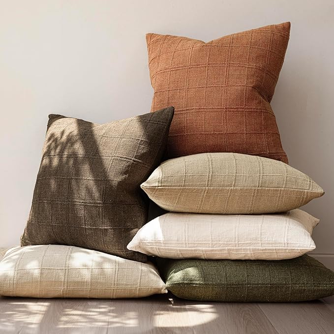 Foindtower Set of 2 Decorative Linen Check Throw Pillow Covers Neutral Farmhouse Vintage Cushion Covers Modern Boho Home Decor for Sofa Chair Couch Bedroom Living Room Outdoor,16×16 Inch,Orange