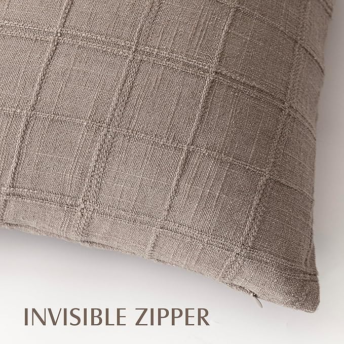 Foindtower Set of 2 Decorative Linen Check Throw Pillow Covers Neutral Long Body Lumbar Cushion Covers Farmhouse Vintage Boho Home Decor for Sofa Chair Couch Bedroom Living Room,14×36 Inch,Tan Taupe
