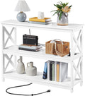 Yaheetech Entryway Table with Storage Shelves, Console Table with Power Outlets and USB Ports, Wood Narrow Sofa Tables with X-Shaped Design for Living Room/Hallway/Couch, White