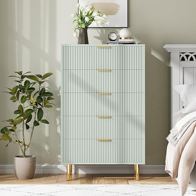 Green Dresser, Modern 5 Drawer Dresser for Bedroom with Gold Handle and Large Drawer, Wood Double Chest of Drawers and Storage Organizer for Living Room, Hallway, Entryway