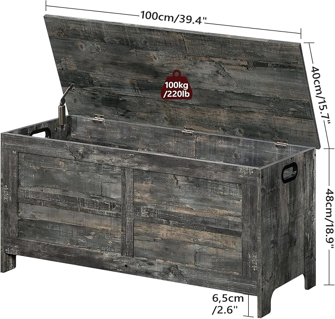 Storage Chest, 39.4” Large Toy Chest, Entryway Storage Trunk, Storage Bench with Safety Hinge, Entrance Bench for Living Room, Entrance, Bedroom, Vintage Gray SCRP48301