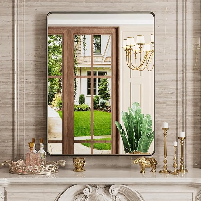 24X36 Inch Black Bathroom Mirror, Black Metal Framed Mirror for Wall, Rounded Rectangle Matte Bathroom Vanity Mirror with Tempered Glass, Anti-Rust, Horizontal/Vertical