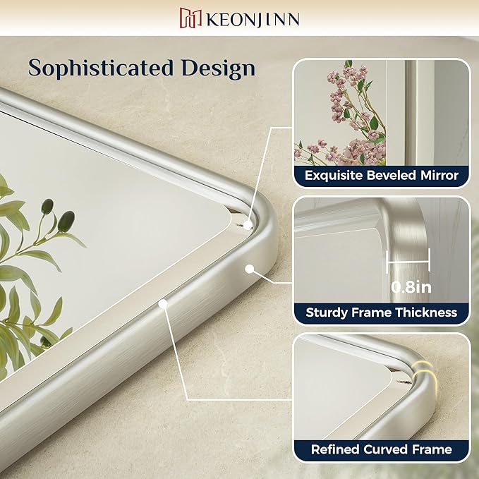 Keonjinn 24x30 in Brushed Pivot Mirror, Tilt Beveled Mirror Bathroom, Rectangular Sturdy Modern Silver Tilt Mirrors, Rounded Corner Aluminum Framed Vanity Mirrors for Wall (Horizontal/Vertical)