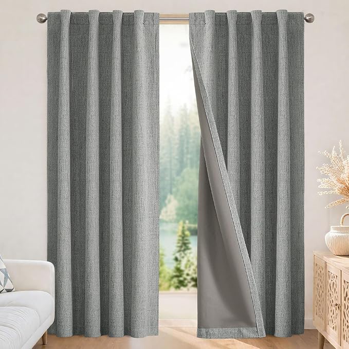 Joydeco 100% Blackout Curtains for Bedroom - Natural Linen Curtains 52" W x 63" L Long, Thermal Insulated 2 Panels Light Grey. Room Darkening Light Blocking Drapes for Living Room