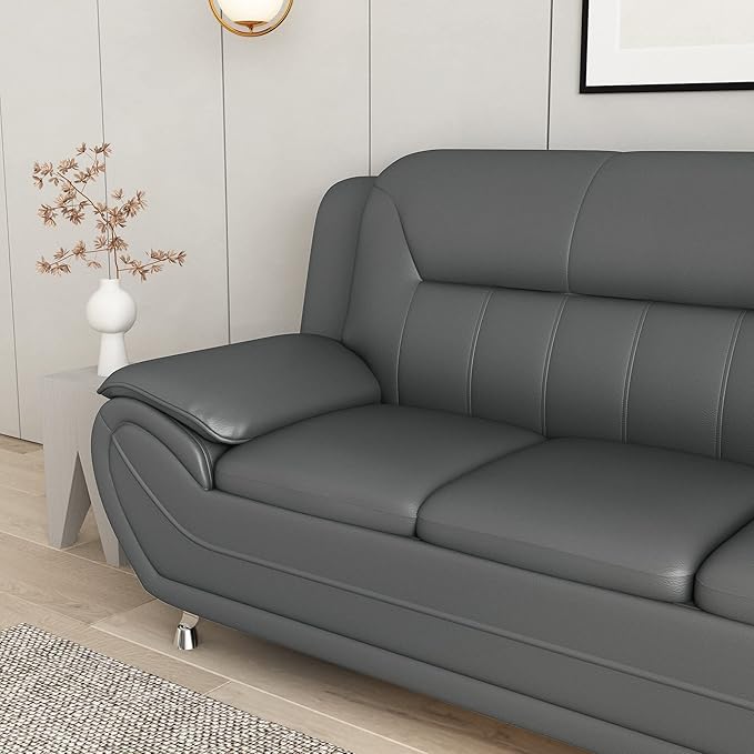 Container Furniture Direct Michael Modern Faux Leather Upholstered Stainless Steel Legs Living Room Sofa, Chair, Gray