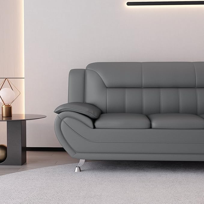 Container Furniture Direct Michael Modern Faux Leather Upholstered Stainless Steel Legs Living Room Sofa, Loveseat, Gray