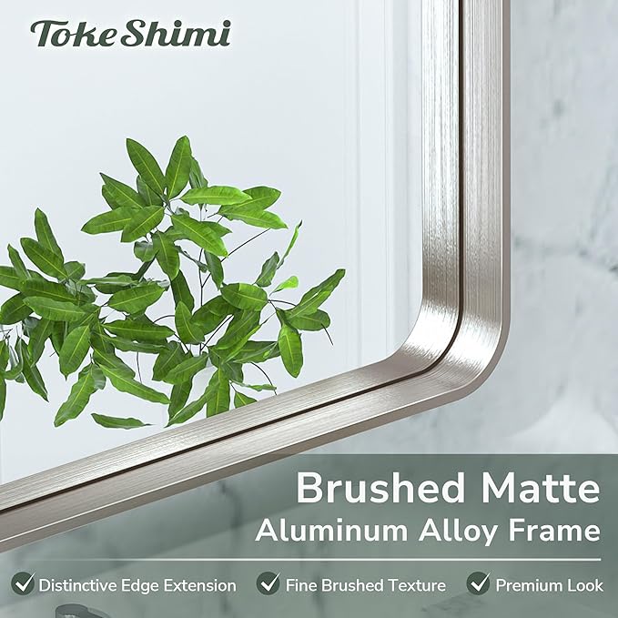 TokeShimi 30x36 Brushed Nickel Bathroom Wall Mirror Vanity Metal Frame Round Corner Rectangular for Home Decor Living Room Entryway (Horizontal/Vertical)