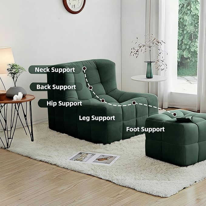 Bean Bag Chair - Memory Foam Bean Bag Chair for Adults, Comfy High-Resilience Single Sofa, Small Space Floor Chair, Chaise Lounge for Living Room, Bedroom (Dark Green, Square+Ottoman)