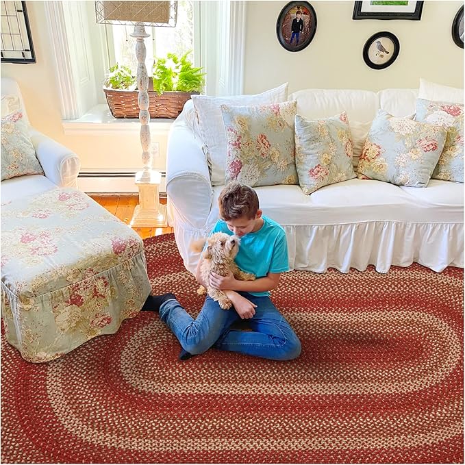 Homespice Apple Pie Jute Red Braided Rugs 5x8' Oval for Living Room, Bedroom Rug and Dining Room. Pet Friendly. Decor Styles- Farmhouse Rug, Rustic, Vintage, Cottage, Primitive, Country, Boho Rug