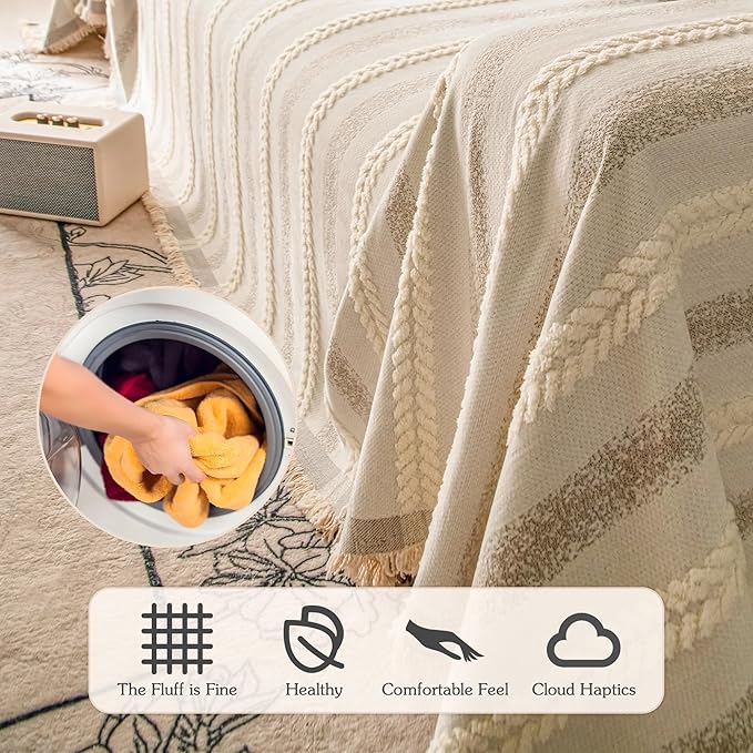 Couch Cover for Dogs Washable Sofa Cover, Sectional Couch Covers, Sofa Covers for 2 Cushion Couch, Non Slip Stripe Sofa Slipcovers Furniture Protector, Couch Protector from Cat Claws, Beige,75''x118''