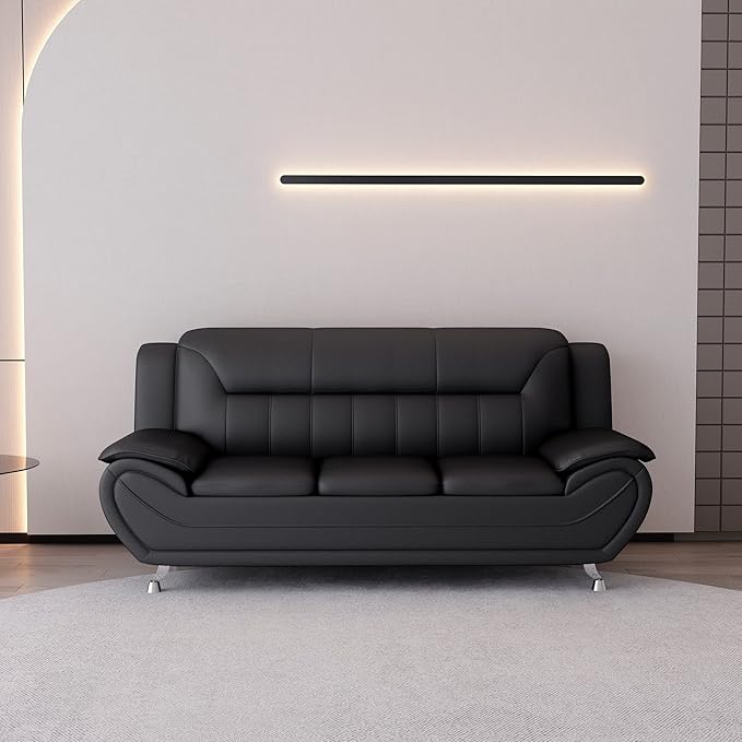 Container Furniture Direct Michael Modern Faux Leather Upholstered Stainless Steel Legs Living Room Sofa, Midnight Black