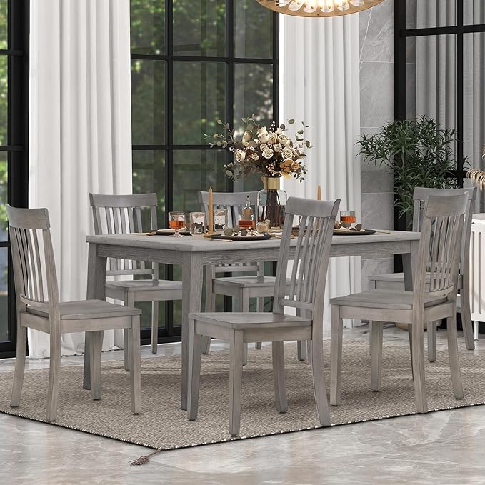 COLAMY Wooden Dining Room Chairs Set of 4, Spindle High Back Windsor Kitchen Side Chair, Farmhouse Dining Chairs for Kitchen, Dining Room, Light Grey