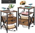 Nightstand Set of 2 with Wireless Charging and USB Ports, End Table Set 2 with Outlets, Bedside Table End Tables with Drawer, Small Night Stand for Bedroom, Living Room, Side Table, Brown